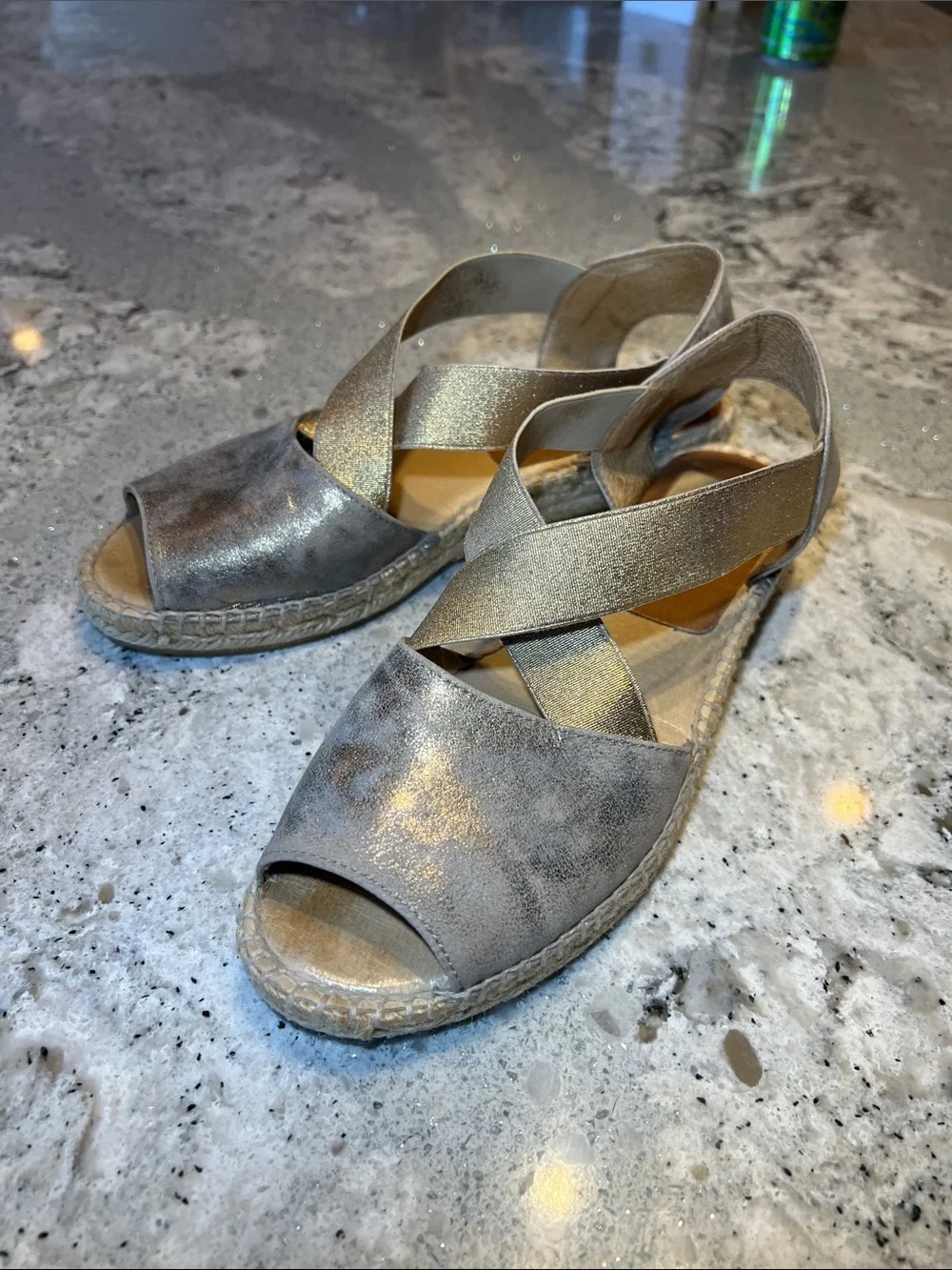 kanna Metallic Silver and Gold Cross-Strap Espadrille Sandals EU38 US7.5/8